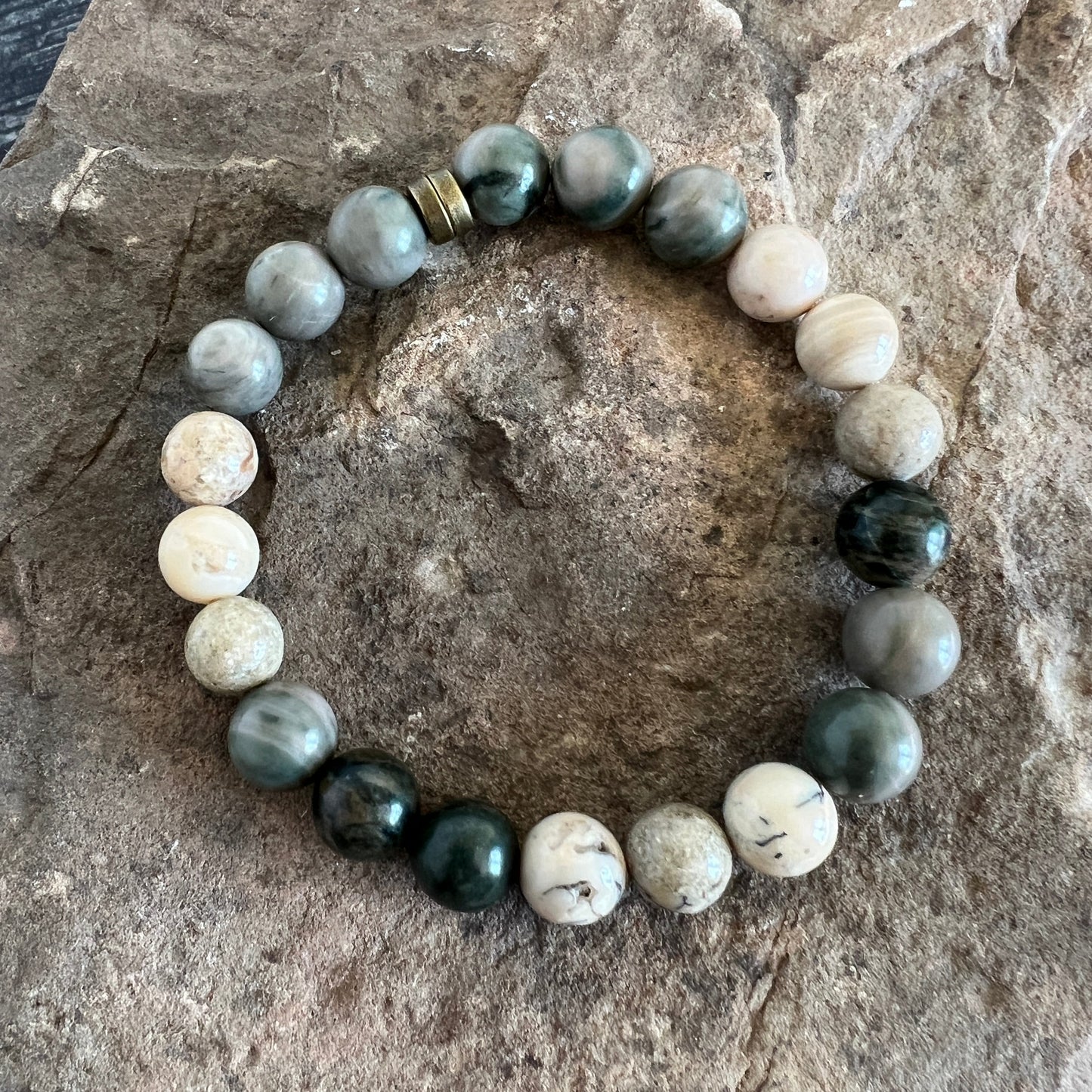 Green Line Jasper and White African Opal Stone Bracelet