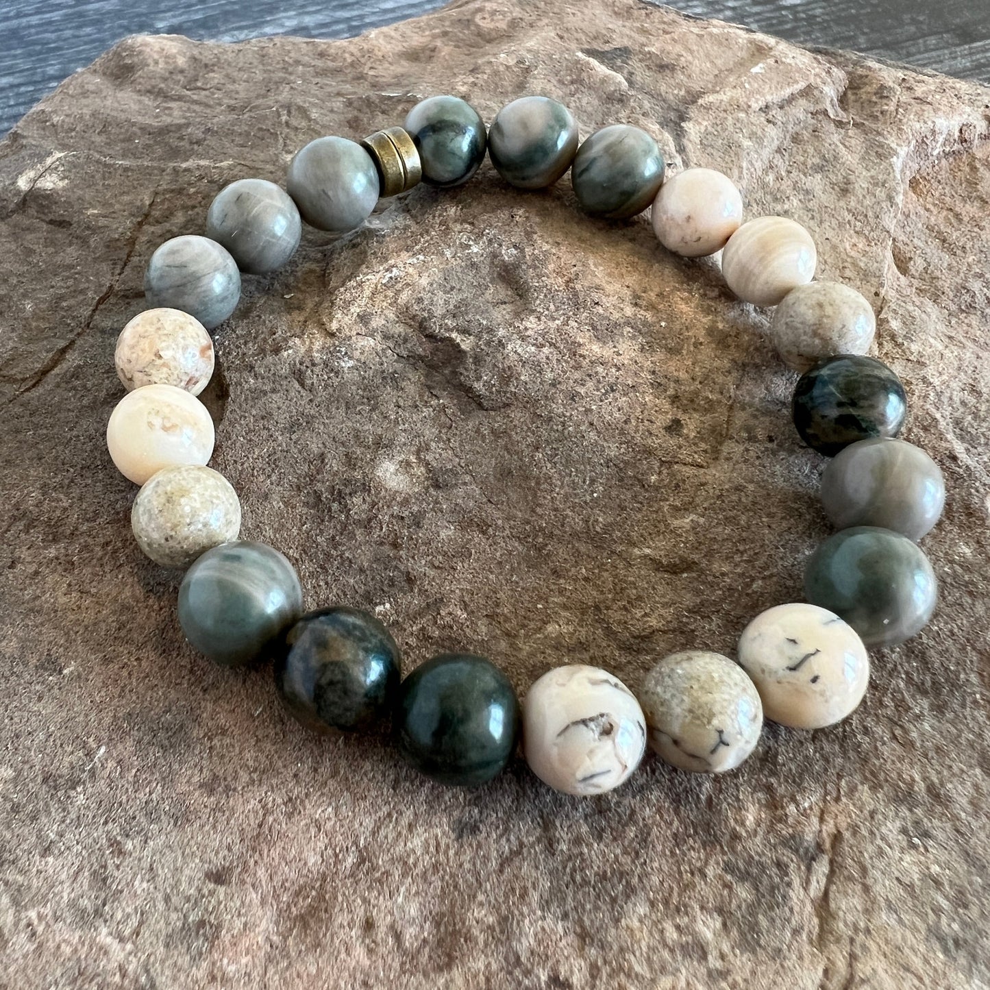 Green Line Jasper and White African Opal Stone Bracelet