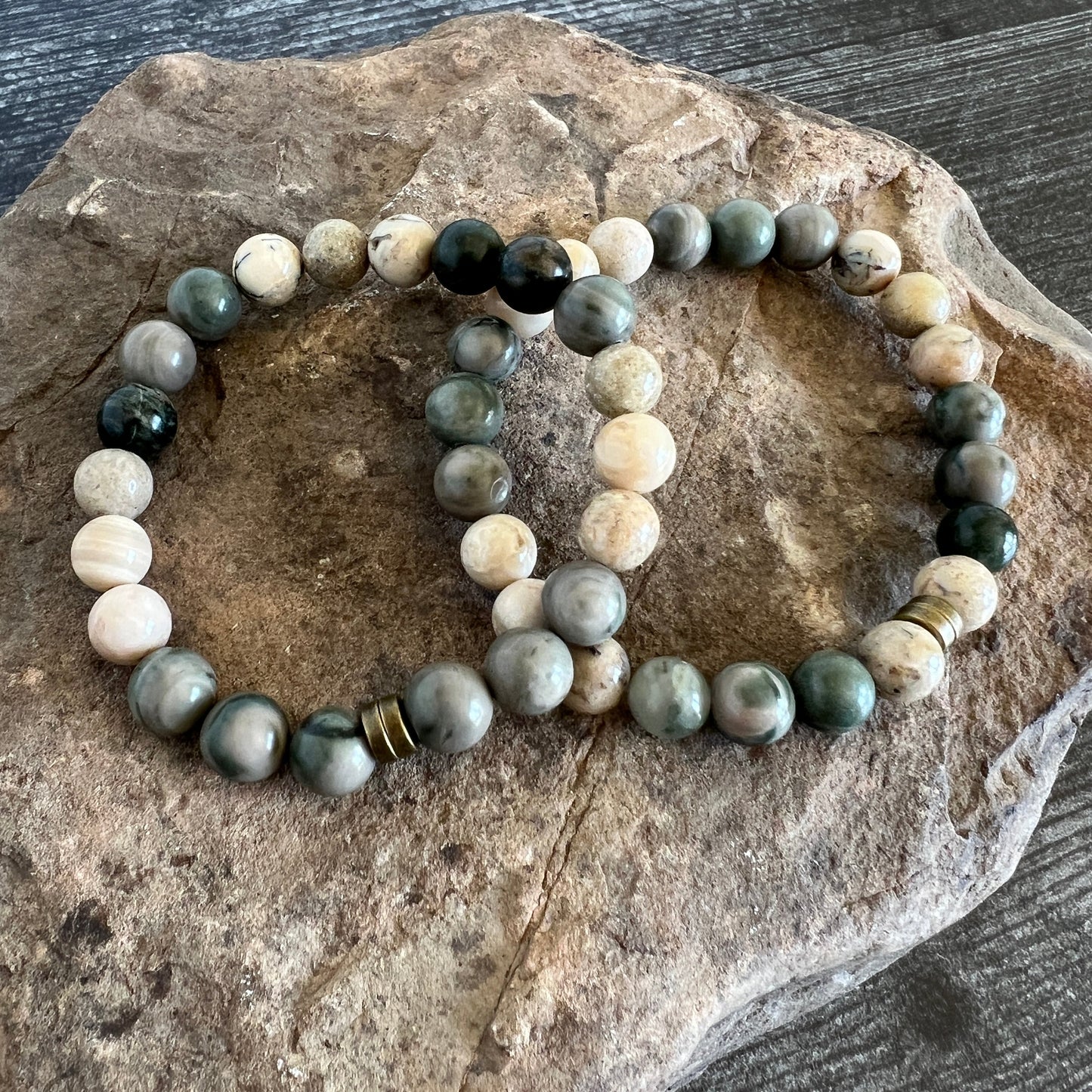 Green Line Jasper and White African Opal Stone Bracelet