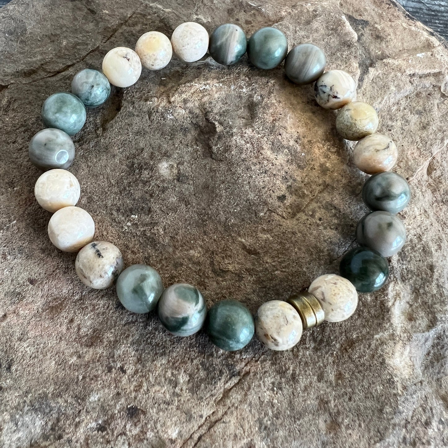 Green Line Jasper and White African Opal Stone Bracelet