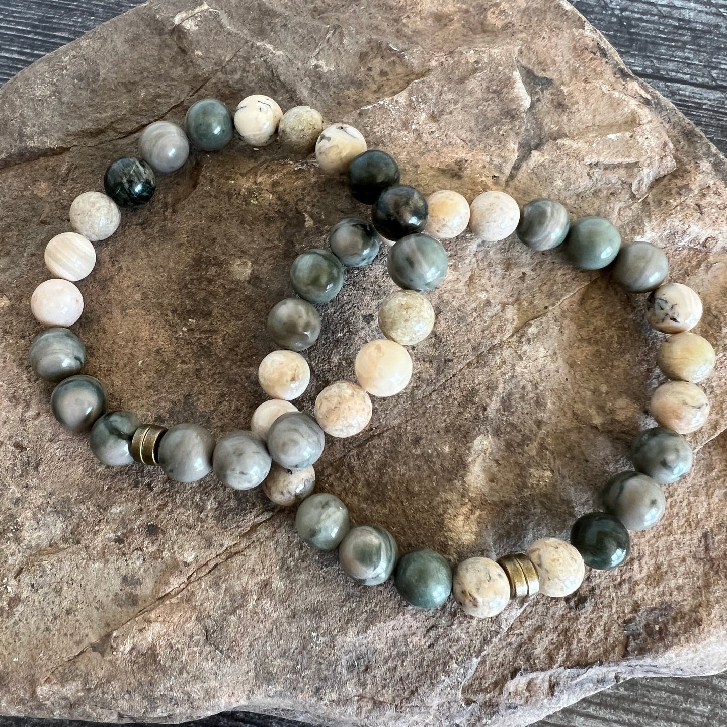 Green Line Jasper and White African Opal Stone Bracelet